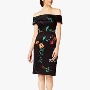 Calvin Klein Black Satin Off the Shoulder Dress with Red Floral Design